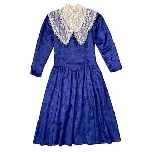Gunne Sax • Jessica McClintock Vintage Prairie Dress Lace Smock Neck Long Sleeve
